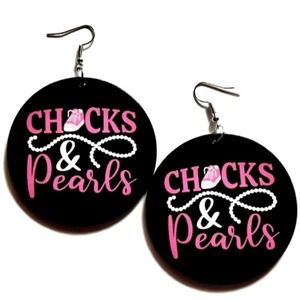 Pink CHUCKS and PEARLS Statement Wood Dangle Drop Earrings